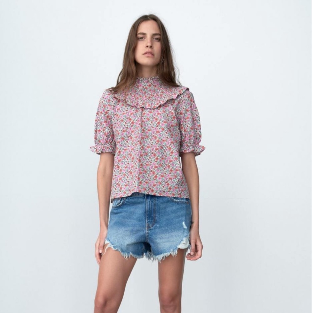 Zara Floral Print Blouse Poplin Multicolored Blouse XLarge
